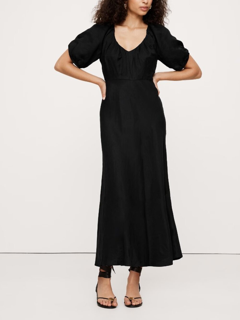NWT Banana Republic Black Viscose-Linen Ruched Midi Dress 12P